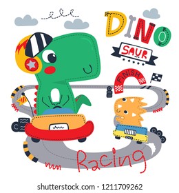 Cute dinosaur cartoon driving a race car isolated on white background illustration vector.