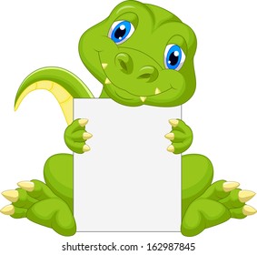 Cute dinosaur cartoon holding blank sign