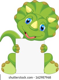 Cute dinosaur cartoon holding blank sign