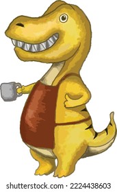 Cute dinosaur cartoon illustration design holding coffee cup as barista