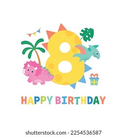 cute dinosaur cartoon number eight birthday illustration