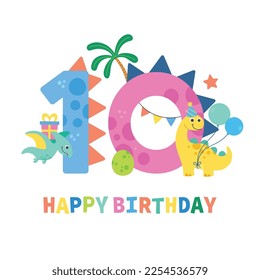 cute dinosaur cartoon number ten birthday illustration