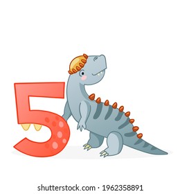 Cute dinosaur cartoon numbers. Number five. Vector elements for designing kids birthday or dino party invitation, greeting card, sticker, banner, logo, icon, poster.