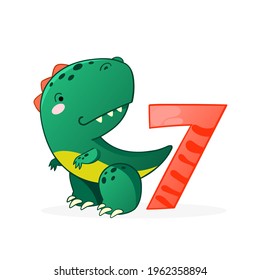 Cute dinosaur cartoon numbers. Number seven. Vector elements for designing kids birthday or dino party invitation, greeting card, sticker, banner, logo, icon, poster.