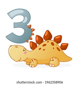 Cute dinosaur cartoon numbers. Number three. Vector elements for designing kids birthday or dino party invitation, greeting card, sticker, banner, logo, icon, poster.