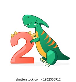 Cute dinosaur cartoon numbers. Number two. Vector elements for designing kids birthday or dino party invitation, greeting card, sticker, banner, logo, icon, poster.