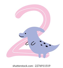 Cute dinosaur cartoon numbers. Number two. Vector elements for designing kids birthday or dino party invitation, greeting card, sticker, banner, logo, icon, poster.