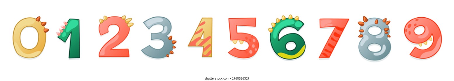 Cute dinosaur cartoon numbers. Vector elements for designing kids birthday or dino party invitation, greeting card, sticker, banner, logo, icon, poster.