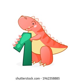 Cute dinosaur cartoon numbers. Vector elements for designing kids birthday or dino party invitation, greeting card, sticker, banner, logo, icon, poster.