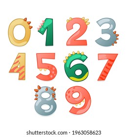 Cute dinosaur cartoon numbers. Vector elements for designing kids birthday or dino party invitation, greeting card, sticker, banner, logo, icon, poster.