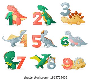 Cute dinosaur cartoon numbers. Vector elements for designing kids birthday or dino party invitation, greeting card, sticker, banner, logo, icon, poster.