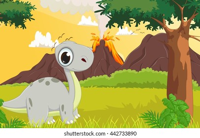  cute dinosaur cartoon with the prehistoric background