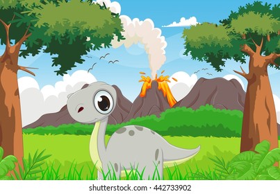  cute dinosaur cartoon with the prehistoric background