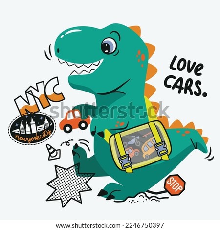 Cute dinosaur cartoon putting his toys in a bag isolated on white background illustration vector, for t-shirt print.
