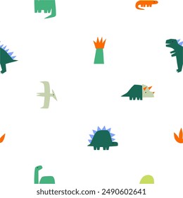 Cute dinosaur in cartoon style. Bold, simple form, trendy colors. Childish flat vector illustration. Dino seamless pattern