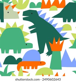 Cute dinosaur in cartoon style. Bold, simple form, trendy colors. Childish flat vector illustration. Dino seamless pattern