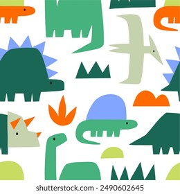 Cute dinosaur in cartoon style. Bold, simple form, trendy colors. Childish flat vector illustration. Dino seamless pattern