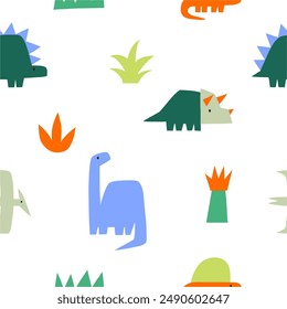 Cute dinosaur in cartoon style. Bold, simple form, trendy colors. Childish flat vector illustration. Dino seamless pattern