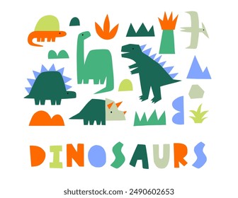 Lindo dinosaurio en estilo de dibujos animados. Forma atrevida, simple, colores de moda. Ilustración vectorial plana infantil