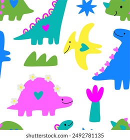 Cute dinosaur in cartoon style. Comic, simple form, trendy colors. Childish flat vector illustration. Dino seamless pattern