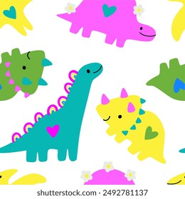 Lindo dinosaurio en estilo de dibujos animados. Comic, forma simple, colores de moda. Ilustración vectorial plana infantil. Patrón sin fisuras Dino