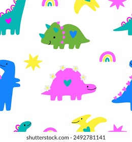 Lindo dinosaurio en estilo de dibujos animados. Comic, forma simple, colores de moda. Ilustración vectorial plana infantil. Patrón sin fisuras Dino