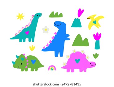 Lindo dinosaurio en estilo de dibujos animados. Comic, forma simple, colores de moda. Ilustración vectorial plana infantil.