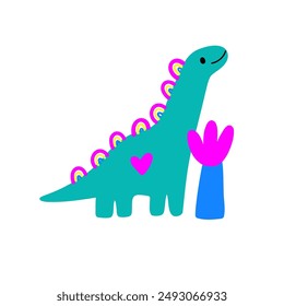 Cute dinosaur in cartoon style. Comic, simple form, trendy colors. Childish flat vector illustration.