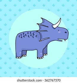 Cute dinosaur in cartoon style with footprint on background. Vector illustration