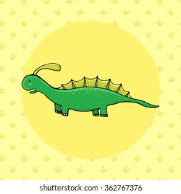 Cute dinosaur in cartoon style with footprint on background. Vector illustration