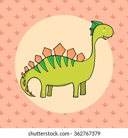 Cute dinosaur in cartoon style with footprint on background. Vector illustration