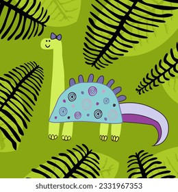 Cute dinosaur in cartoon style, on the background of tropical leaves. Vector graphics.