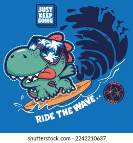 Surfista de dibujos animados de dinosaurios lindo montando una gran ola aislada en un vector de ilustración de fondo azul, diseño gráfico de camisetas.