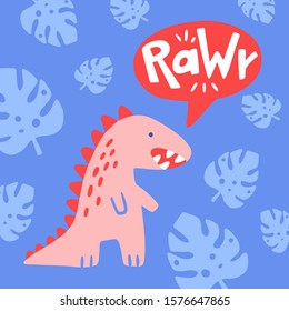 Cute dinosaur cartoon vector illustration with text rawr for prints and posters, invitation and greeting cards