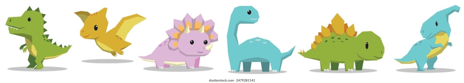 Cute dinosaur cartoon vector set featuring colorful and happy dinos, perfect for kids. Includes T-Rex, pterodactyl, triceratops, and more. Isolated on white background. Vector image, cute characters.