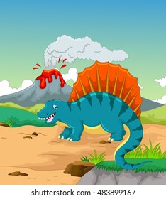 cute dinosaur cartoon with volcano background