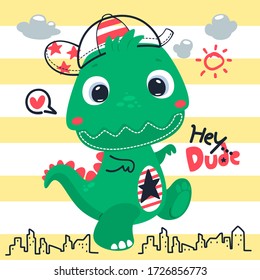 Cute dinosaur cartoon wearing cap walk in city on yellow and white striped background illustration vector, Print for children wear.