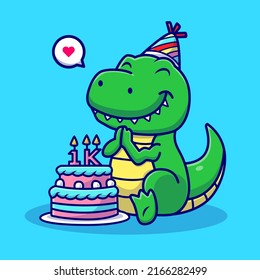 Cute Dinosaur Celebrate Birthday Party Cartoon Vector Icon Illustration. Animal Food Icon Concept Isolated Premium Vector. Flat Cartoon Style