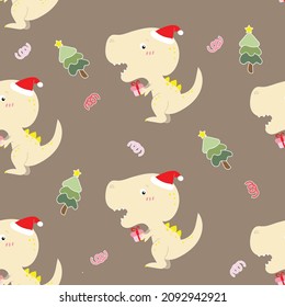 Cute dinosaur for celebrate Christmas and Happy new year, seamless pattern vector illustration.