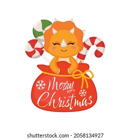 Cute dinosaur celebrates Christmas from Santa's bag. Flat vector cartoon design