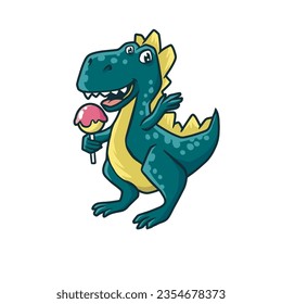Cute dinosaur character with candy, vector hand drawn art