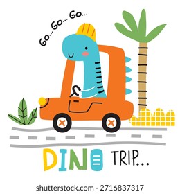 Personaje lindo del dinosaurio que conduce el coche Pequeño en la ilustración de la carretera. Concepto de Transporte
