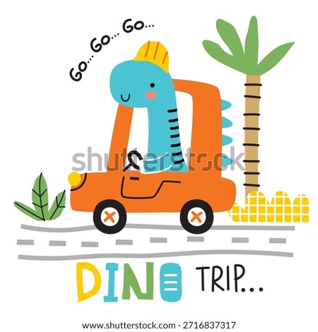 Cute dinosaur character driving small car on road illustration. Transportation concept
