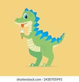 Cute dinosaur character eating ice cream flat vector character cartoon style