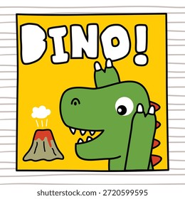 Linda cabeza de personaje de dinosaurio con ilustración de fondo de volcán. Concepto prehistórico infantil
