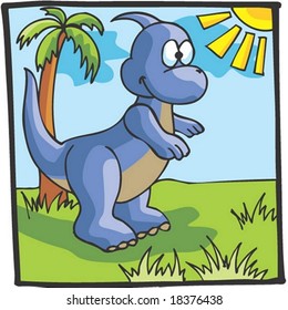 Cute Dinosaur Character isolated on a background of blue sky and green grass : vector illustration