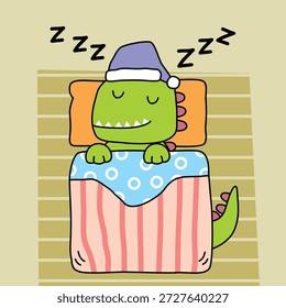 Personagem de dinossauro bonito dormindo na cama com ilustração de boné noturno. Conceito de rotina para as crianças dormir
