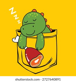 Personaje lindo del dinosaurio que duerme dentro del bolsillo con la ilustración de la comida. Concepto de comodidad y descanso para niños
