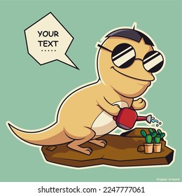 Cute Dinosaur Character Watering a Cactus