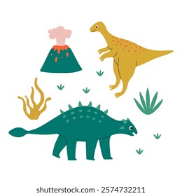 Cute dinosaur characters, plants and volcano design. Template for print, greeting card, invitation, book. Isolated vector illustration